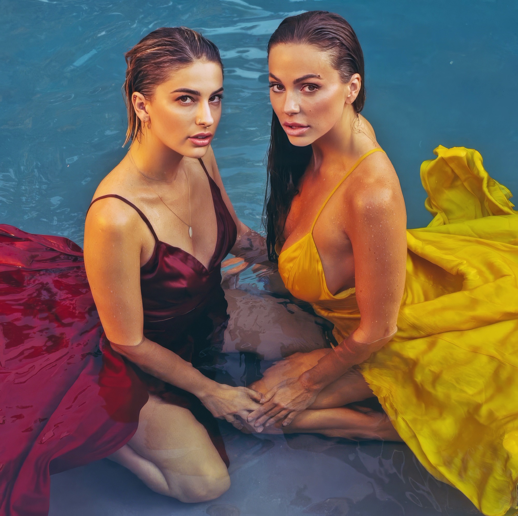 Abigail Mac at 37 Years Old and Kristen Scott at 30 Years Old as Erotic Centerfold Fashion Models Reddish and Golden Bright Saten Dress on Pool (2025)