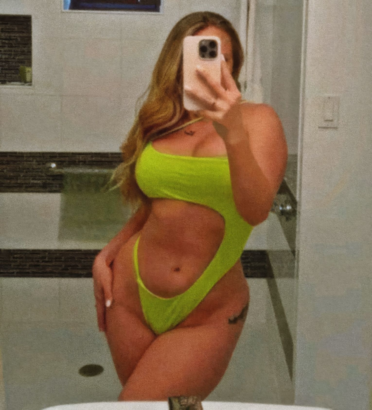 AJ Applegate as Danielle Grey at 35 Years Old: Sefie Mirror Pornstar Green Swimsuit Bikini (2024) New Big Busty Boobs