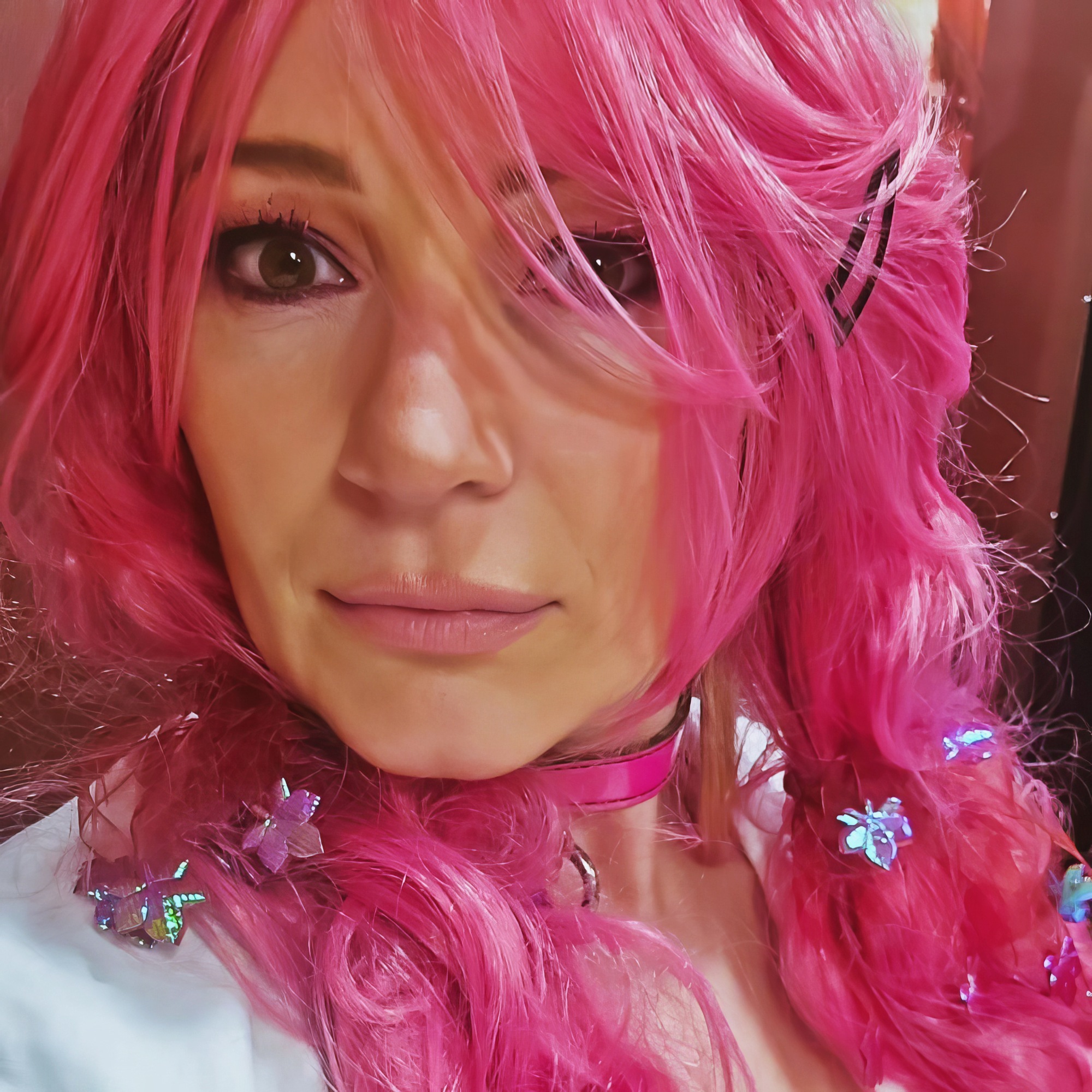 Aurora Snow at 43 Years Old as Selfie Model and Retired Perfomer Legend Violet Purple Colorized Hair and Face Portrait (2025)