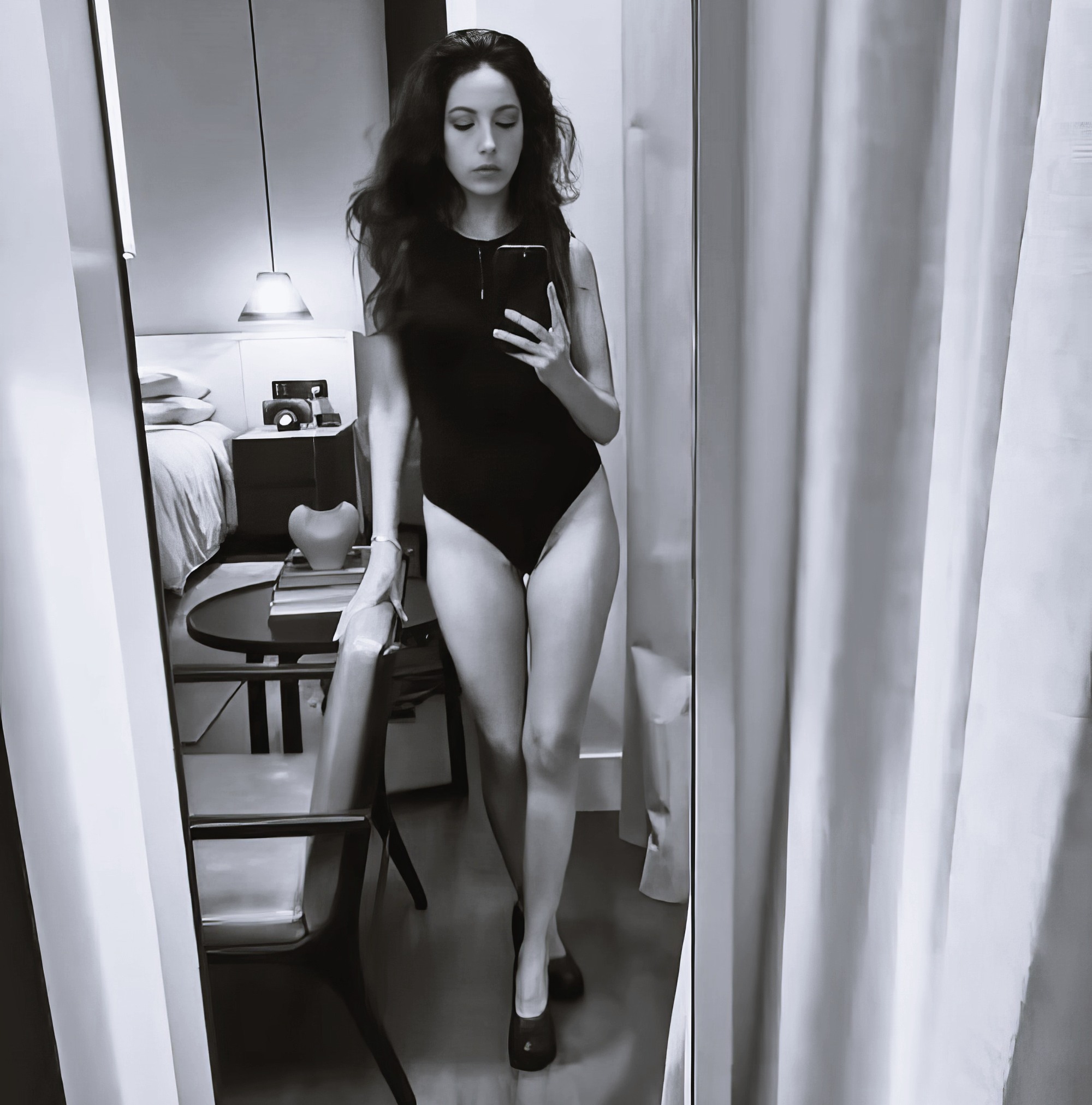 Jenna Haze at 42 Years Old: Fashionista Retired Crowned Pornstar (2025) Black Bodysuit Lingerie Slender MILF Natural Brunette