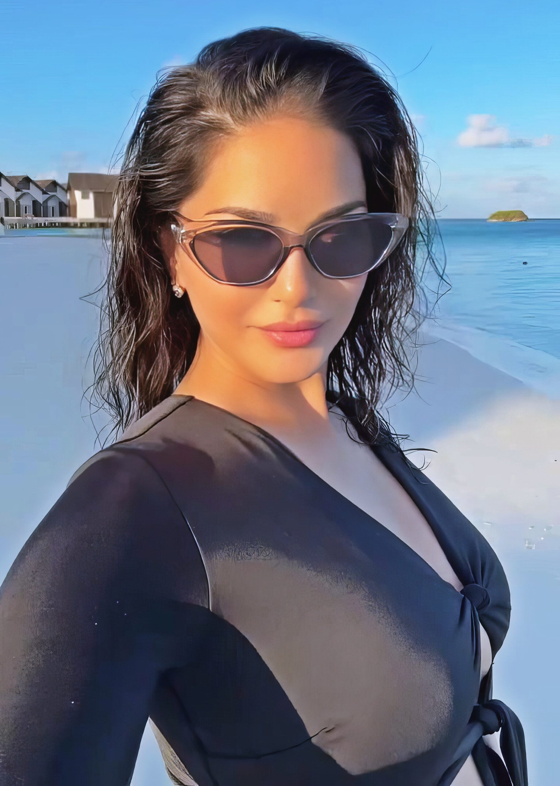 Sunny Leone at 43 Years Old as Erotic Centerfold Model and Bollywood India Star (2024) Black Bodysuitswim Beach MILF Brunette Busty
