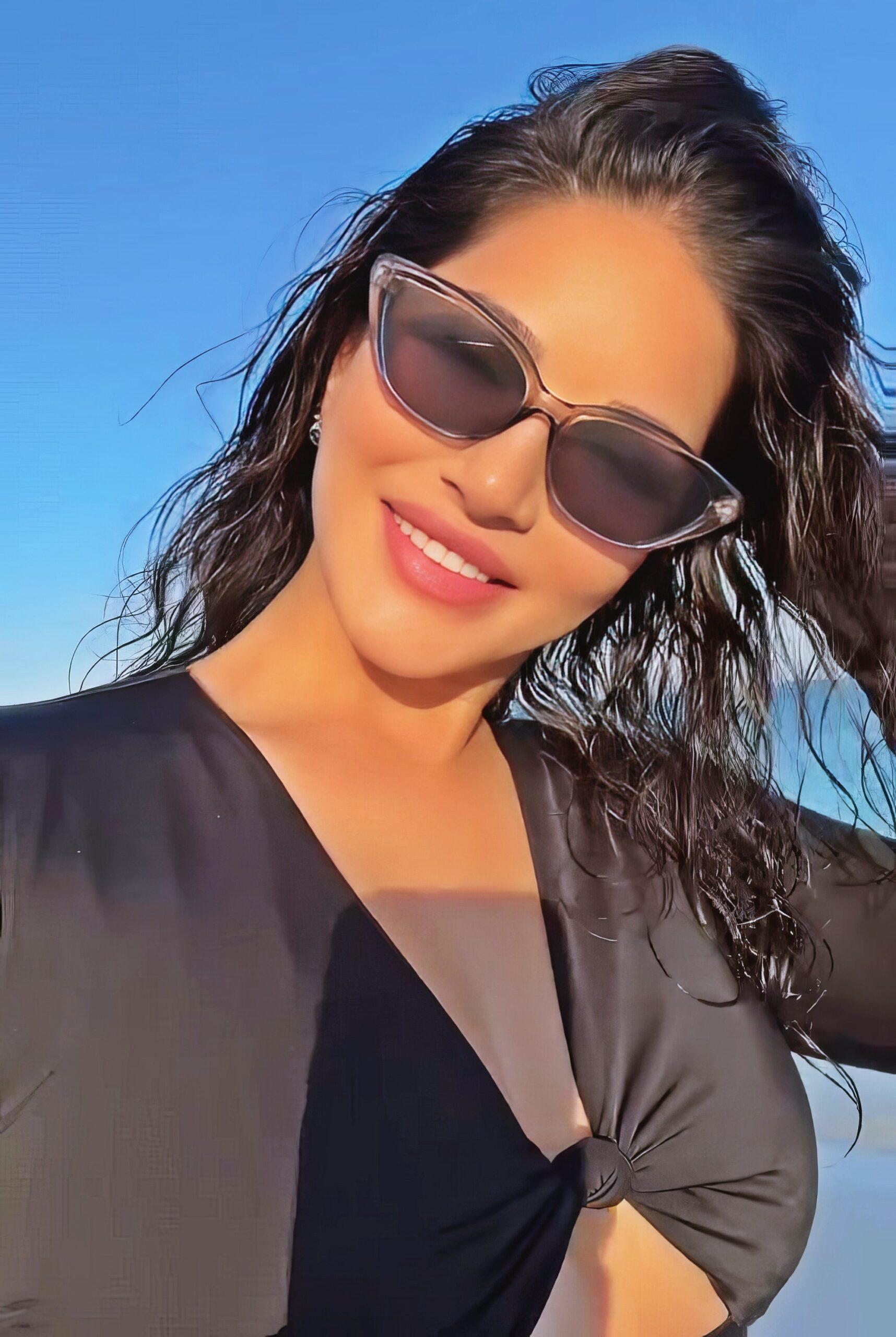 Sunny Leone at 43 Years Old as Erotic Centerfold Model and Bollywood India Star (2024) Black Bodysuitswim Beach MILF Brunette Busty