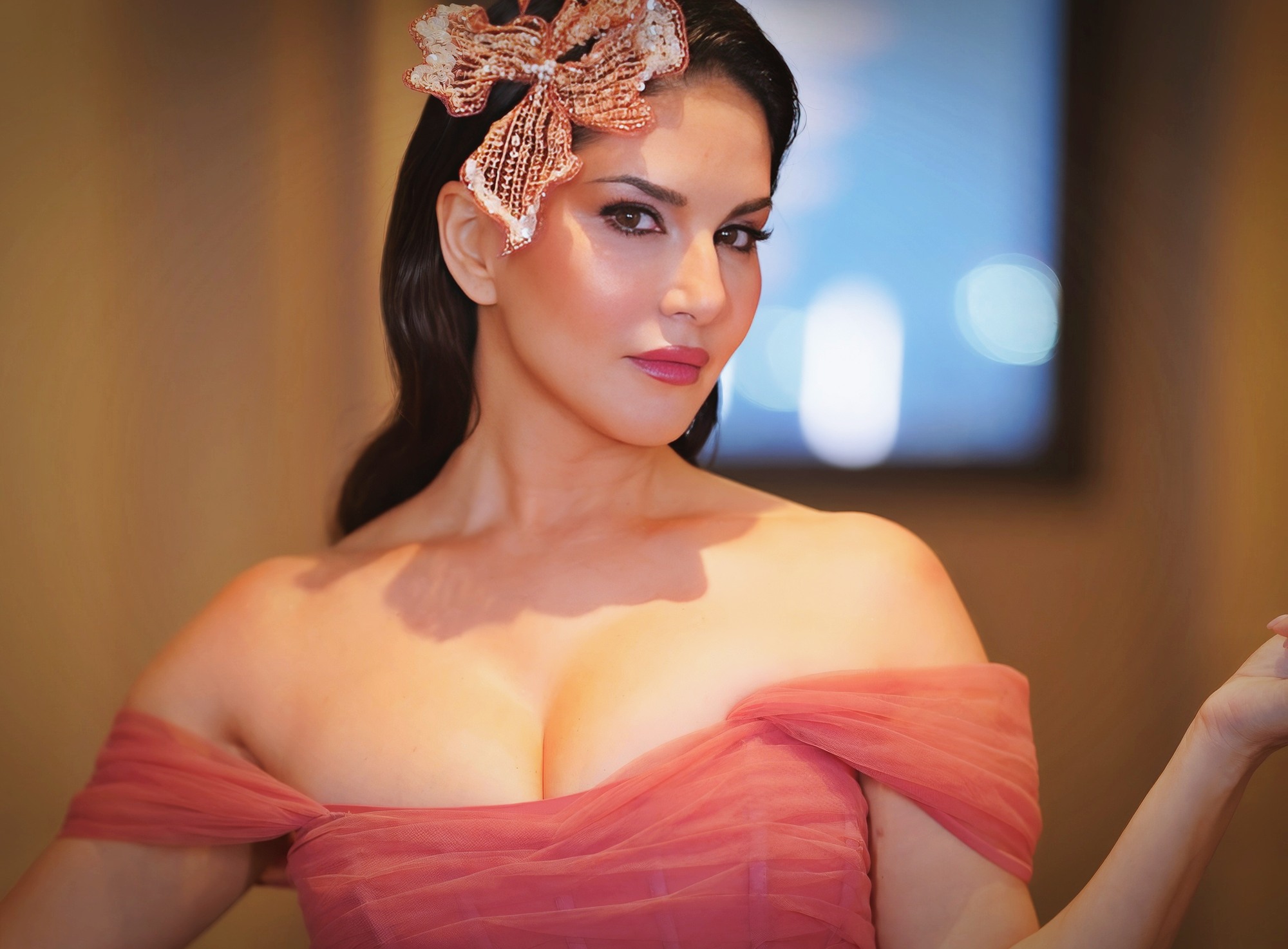 Sunny Leone at 43 Years Old: Retired Pornstar as Bollywood Star Centerfold Model (2025) Pink Rose Luxure Dress