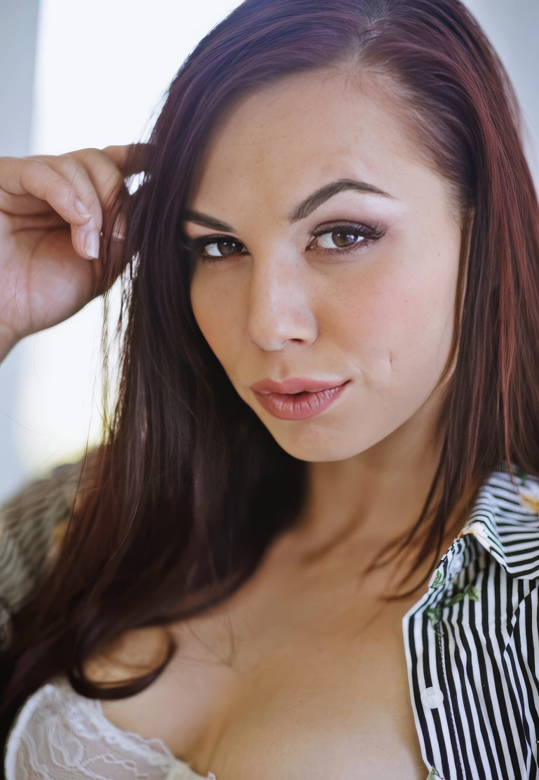 Aidra Fox at 22 Years Old: Boss Lady (DarkX, 2018) Executive Dress Red Heels Slender Legs White Brassiere