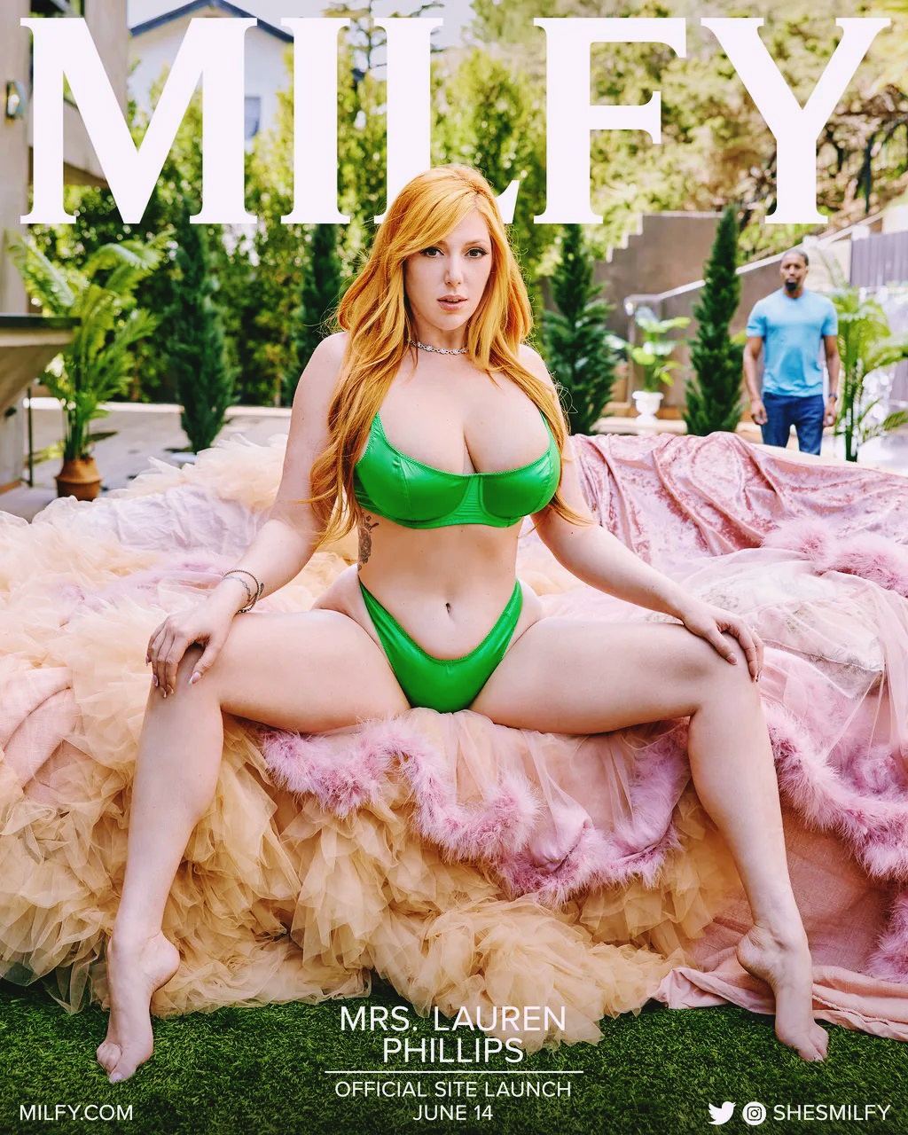 Lauren Phillips at 36 Years Old: Redhead Bombshell Breated Pornstar (Milfy, 2023) green swimwear bikini