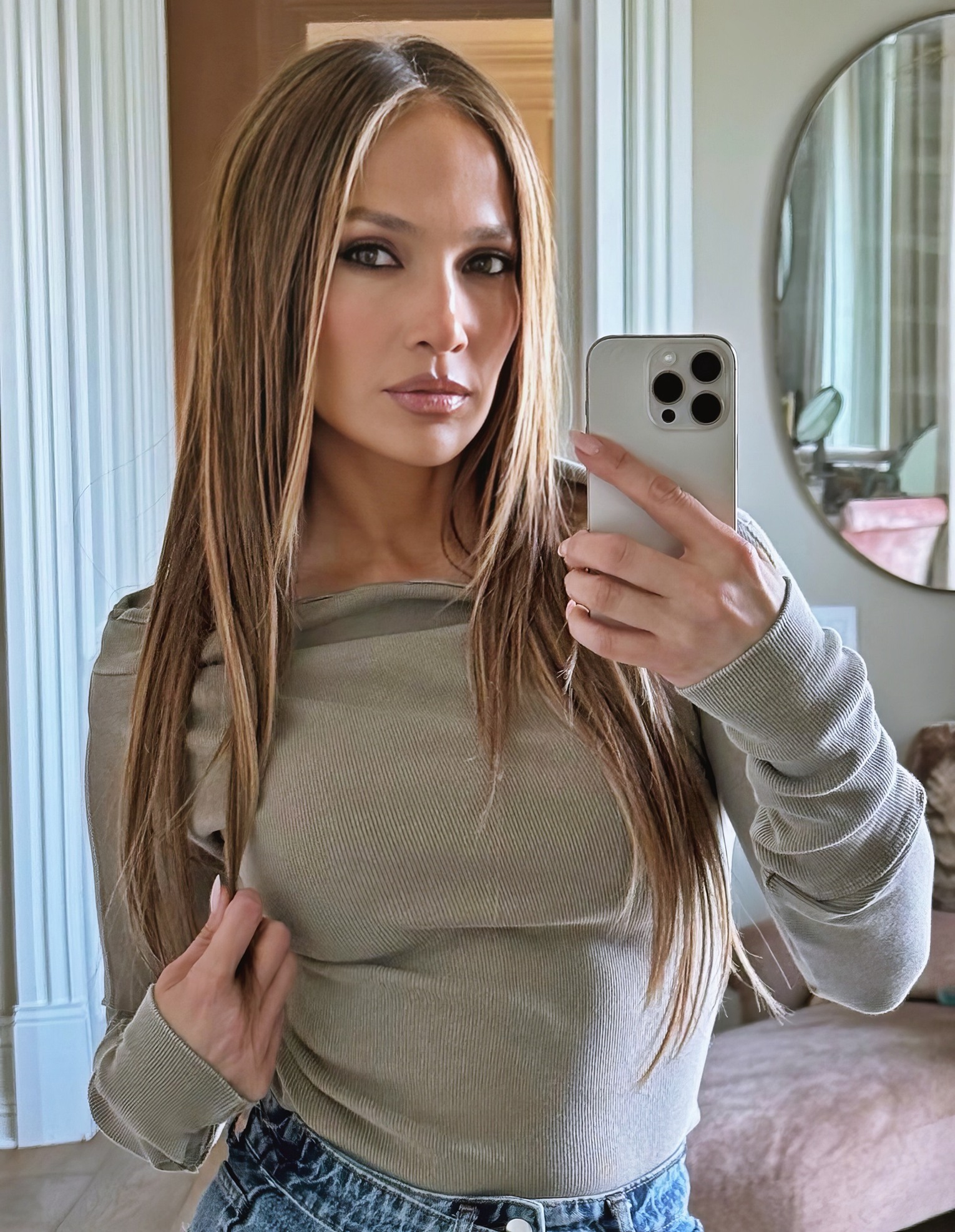 Jennifer Lopez at 55 Years Old as Selfie Erotic Model (2025) Latin MILF Auburn Bumbshell Jeans Casual