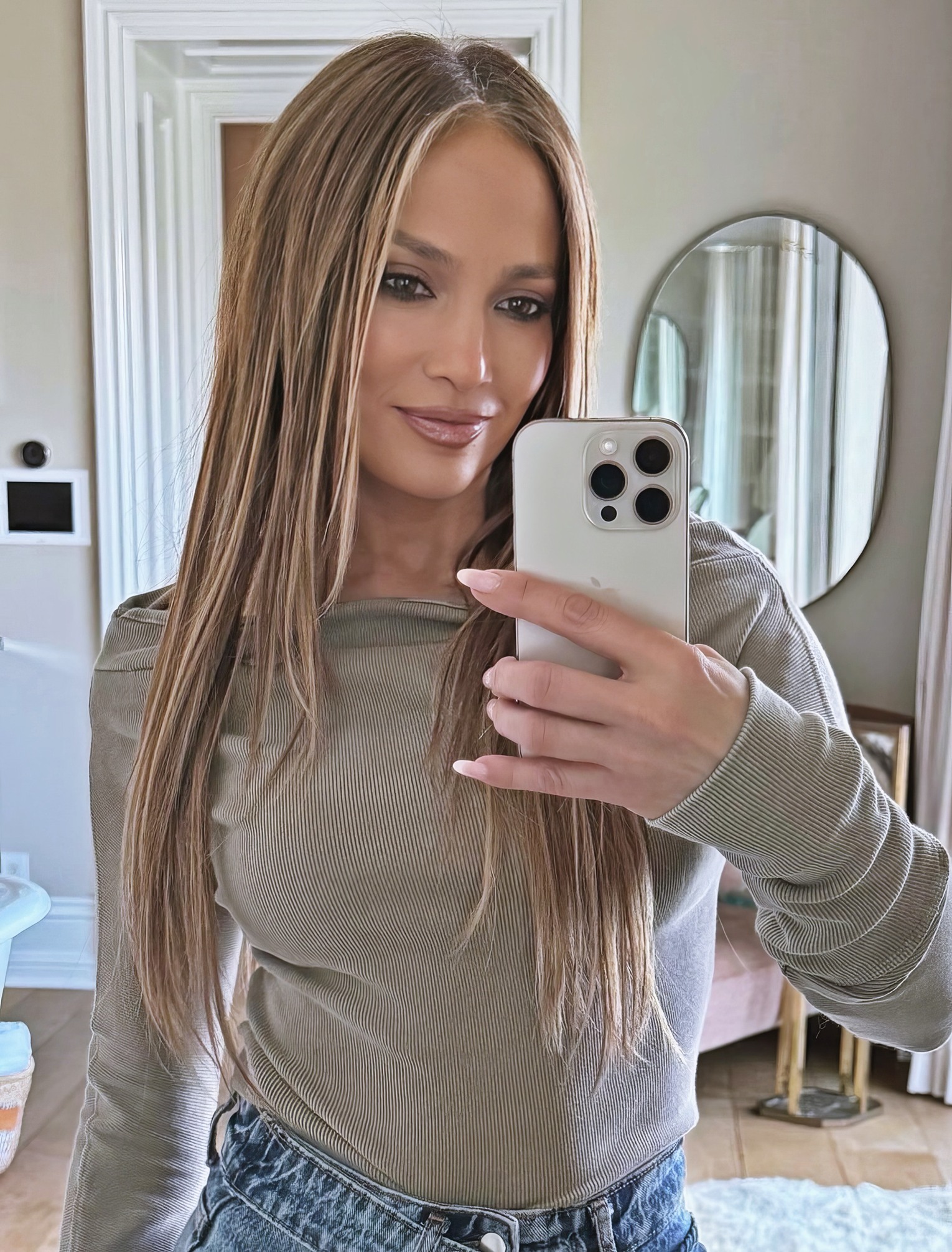 Jennifer Lopez at 55 Years Old as Selfie Erotic Model (2025) Latin MILF Auburn Bumbshell Jeans Casual