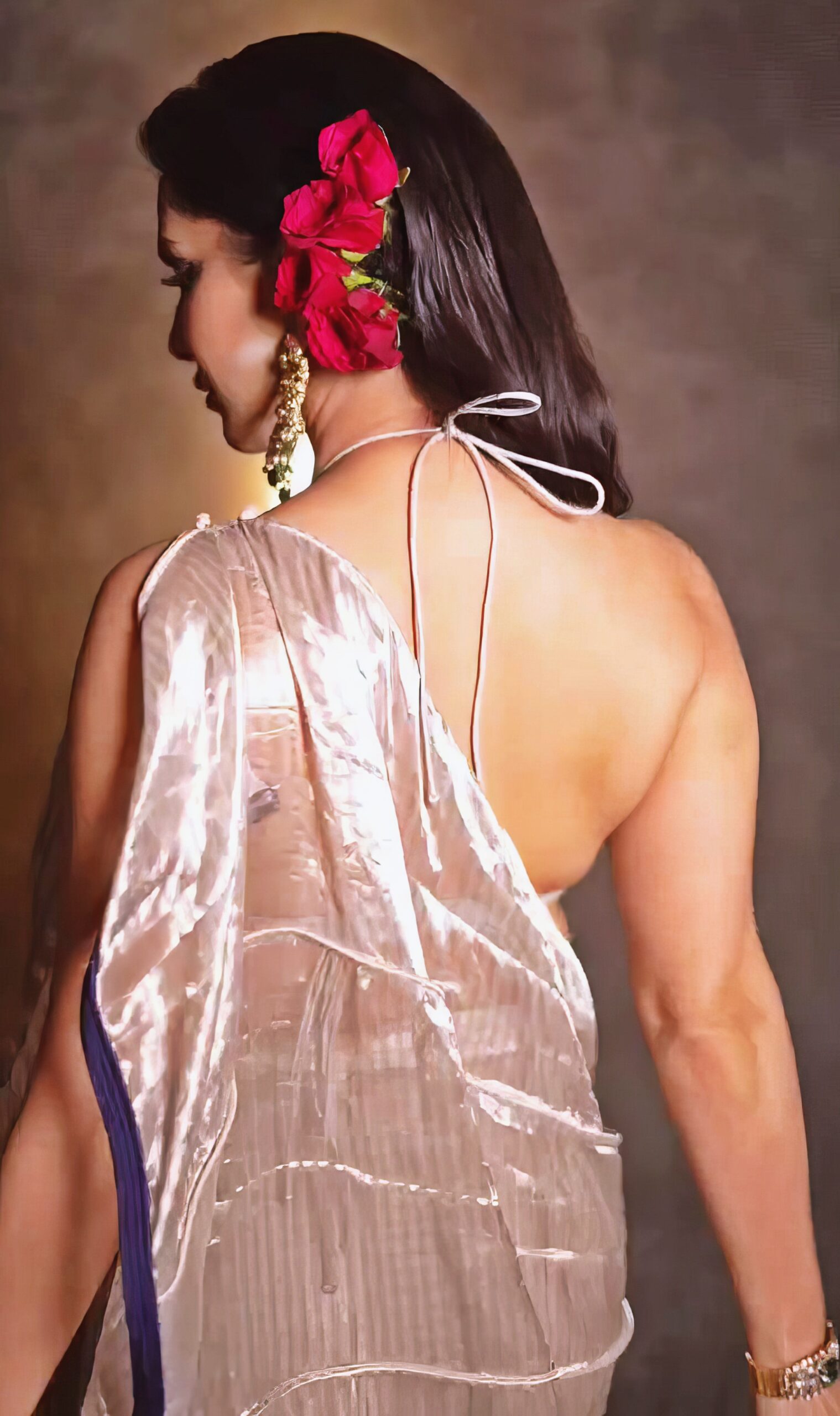 Sunny Leone at 43 Years Old as Erotic Centerfold Model and Bollywood India Star (2024) Luxure Bright Beige Dress Red Lips