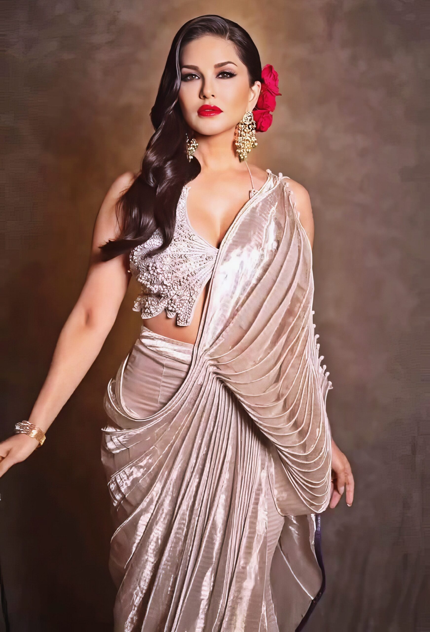 Sunny Leone at 43 Years Old as Erotic Centerfold Model and Bollywood India Star (2024) Luxure Bright Beige Dress Red Lips