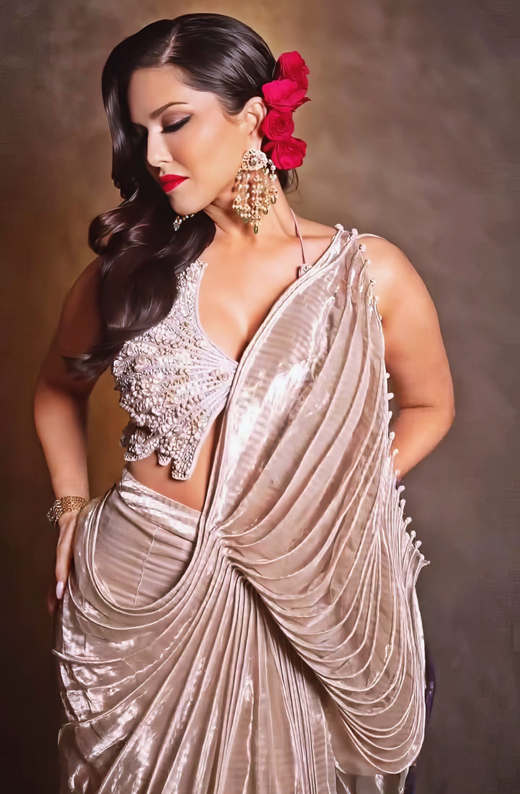 Sunny Leone at 43 Years Old as Erotic Centerfold Model and Bollywood India Star (2024) Luxure Bright Beige Dress Red Lips