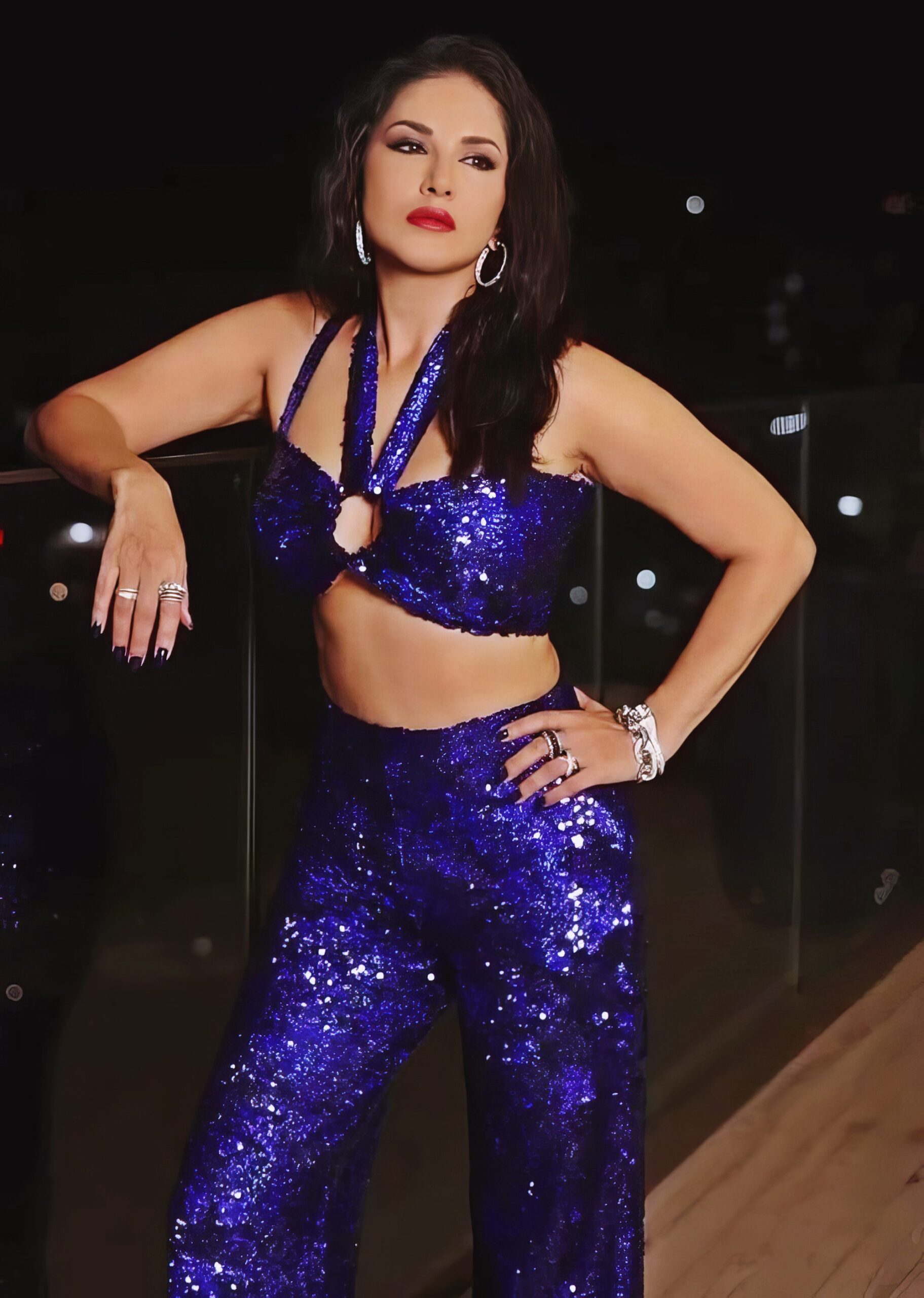 Sunny Leone at 43 Years Old: Hall of Fame Retired Ex Pornstar as Bollywood India Star Centerfold Model (2025) Blue Bright Night Gala Dress MILF Brunette