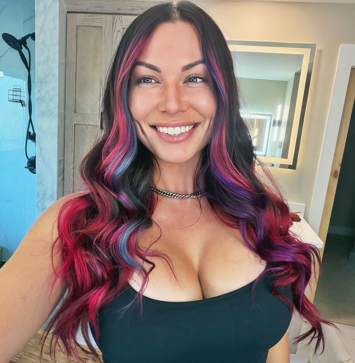 Aidra Fox at 30 Years Old as Selfie Girl Erotic Homework Purple Hair MILF Buxom Busty (2026) All Nude Bathroom and Black Top Smiler